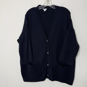 J. Jill Navy V Neck Button Front Cotton Blend Long Sleeve Cardigan Petite Large
